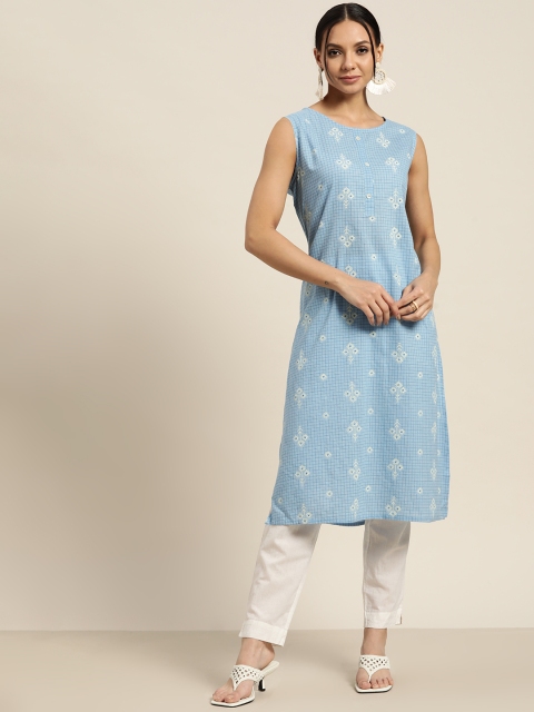 

Sangria Women Blue & Off-White Ethnic Motifs Print Pure Cotton Straight Kurta