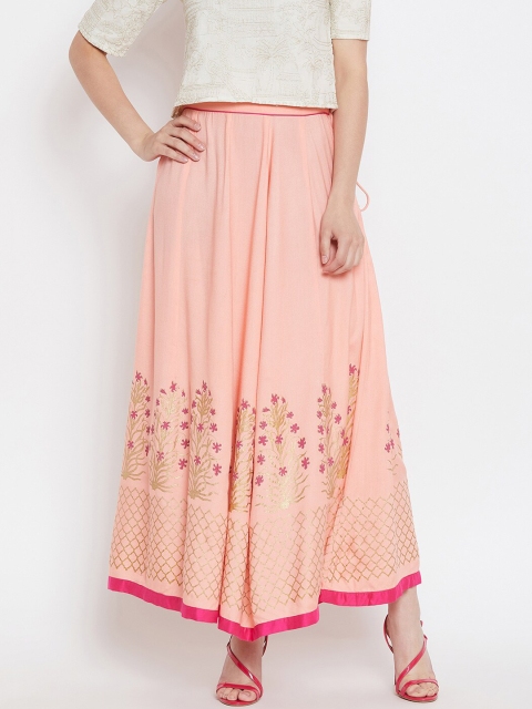 

Bitterlime Women Peach Printed Maxi-Length Flared Skirt