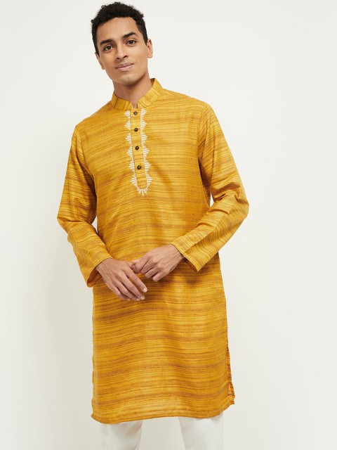 

max Men Yellow Striped Thread Work Kurta