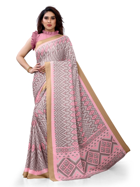 

Mirchi Fashion Off White & Pink Printed Zari Saree