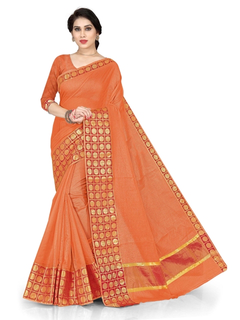 

KALINI Orange & Gold-Toned Cotton Zari Saree