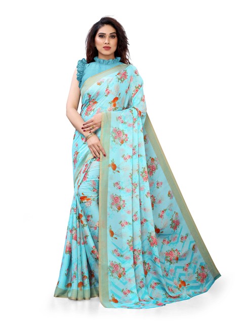 

MIRCHI FASHION Turquoise Blue & Red Floral Printed Zari Bagh Saree