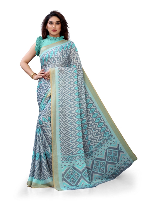 

Mirchi Fashion Off White & Turquoise Blue Printed Zari Saree