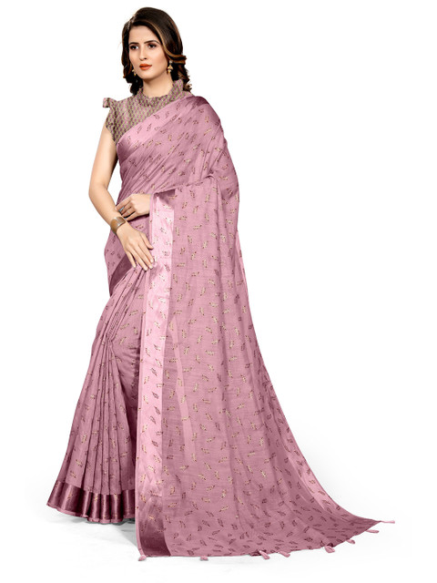 

KALINI Pink & Gold-Toned Floral Printed Cotton Zari Block Print Saree
