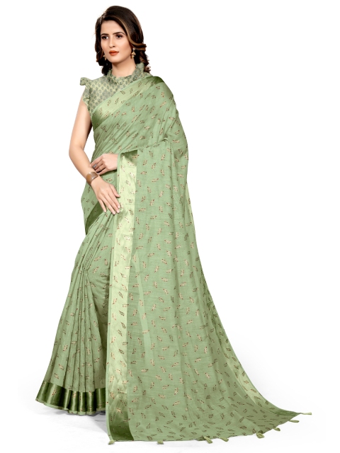 

KALINI Green & Maroon Floral Cotton Block Print Saree