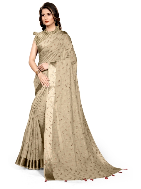 

KALINI Beige & Gold-Toned Floral Zari Block Print Saree
