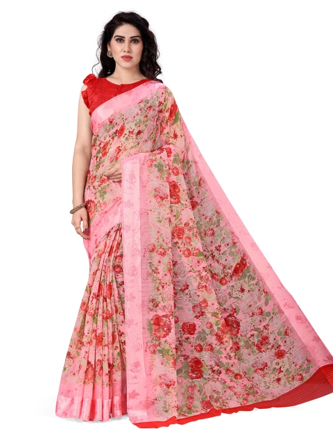 

KALINI Pink & Red Floral Printed Cotton Bagh Saree