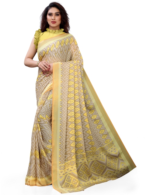 

Mirchi Fashion Beige & Yellow Printed Zari Saree