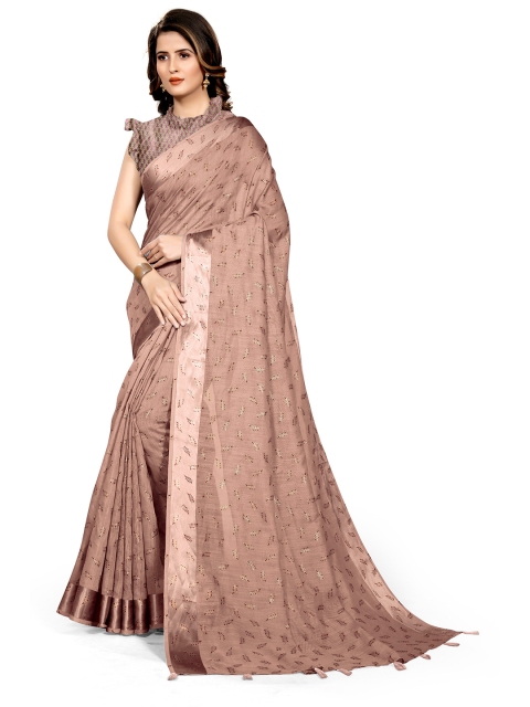 

KALINI Brown & Red Floral Zari Cotton Block Print Saree