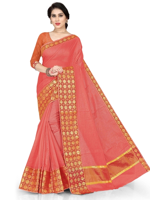 

KALINI Peach-Coloured & Gold-Toned Checked Zari Saree