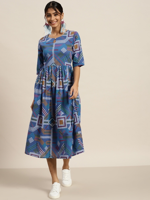 

Sangria Blue & White Pure Cotton Geometric Printed A-Line Midi Dress