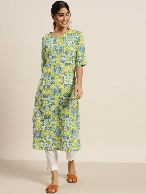 

Sangria Women Blue & Green Pure Cotton Ethnic Motifs Printed Kurta