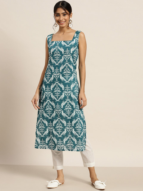 

Sangria Women Teal & White Pure Cotton Ethnic Motifs Printed Kurta