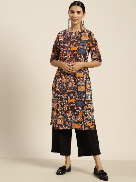 

Sangria Women Pure Cotton Black & Blue Tribal Printed Kurta
