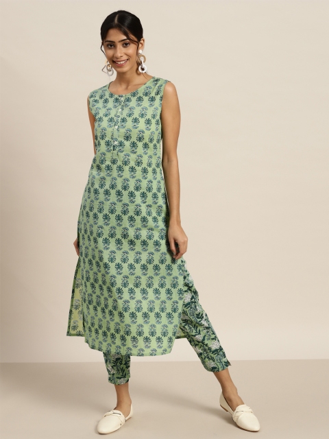 

Sangria Women Green & Off-White Ethnic Motifs Printed Pure Cotton Kurta with Trousers