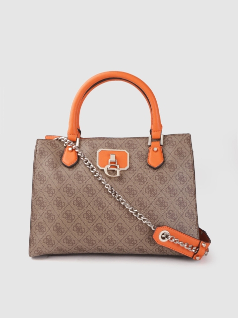 

GUESS Brown & Orange Printed Structured Handheld Bag