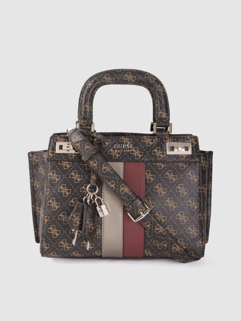 

GUESS Coffee Brown & Beige Brand Logo Print Swagger Handheld Bag