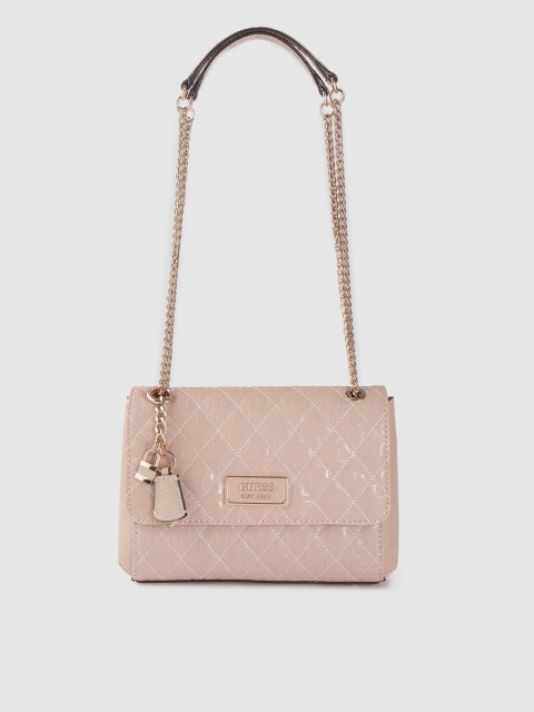 

GUESS Peach-Coloured Brand Logo Textured Structured Shoulder Bag with Quilted Detail