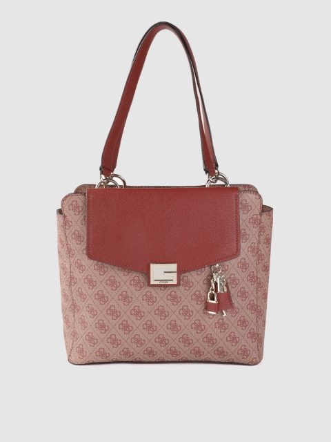 

GUESS Maroon & Peach-Coloured Brand Logo Print Structured Shoulder Bag