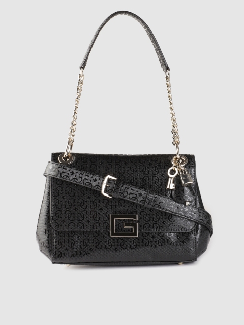 

GUESS Women Black Brand Logo Print Structured Satchel