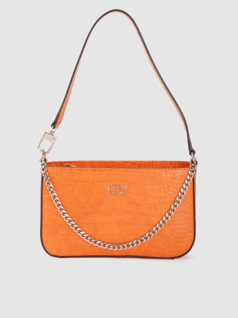 

GUESS Orange Croc Textured Structured Baguette Bag