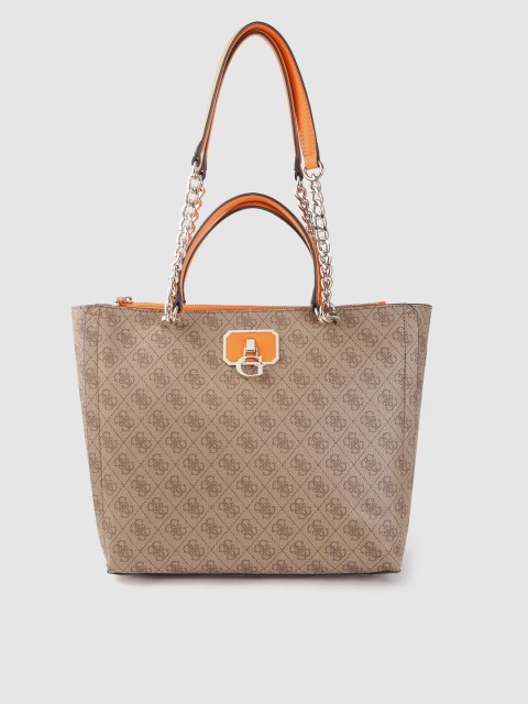 

GUESS Women Beige & Brown Brand Logo Print Structured Shoulder Bag