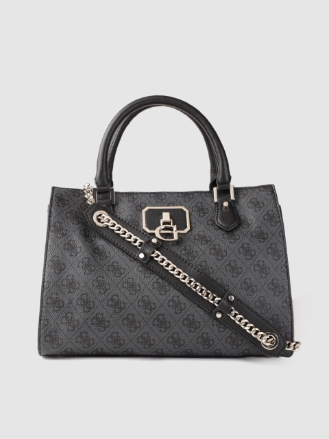 

GUESS Charcoal Grey & Black Brand Logo Printed Structured Handheld Bag