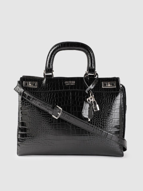 

GUESS Black Croc Textured Structured Handheld Bag