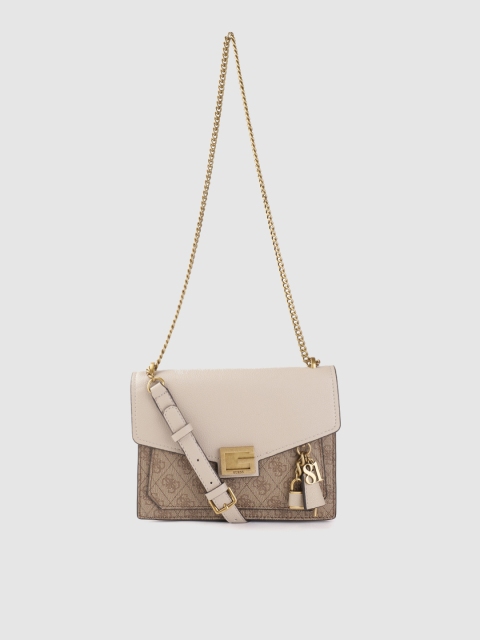 

GUESS Women Beige & Brown Brand Logo Print Structured Sling Bag