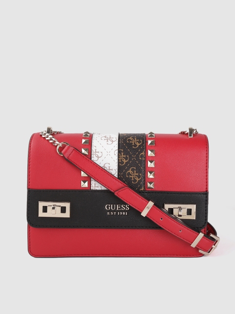 

GUESS Women Red & White Brand Logo Print Detail Structured Sling Bag