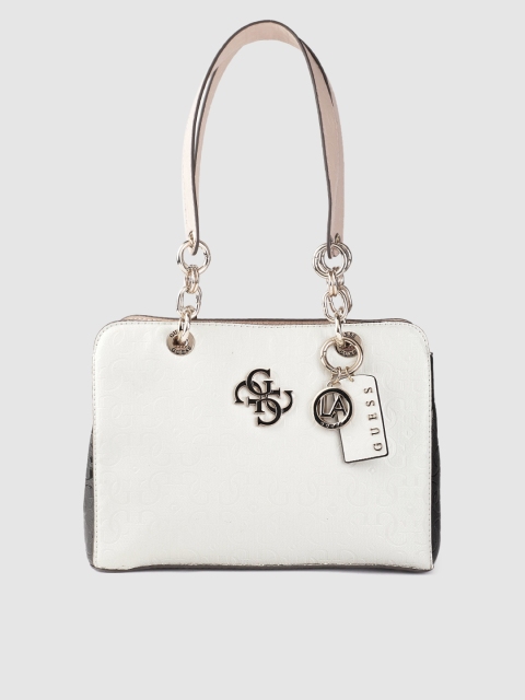 

GUESS White & Black Brand Logo Textured Shoulder Bag