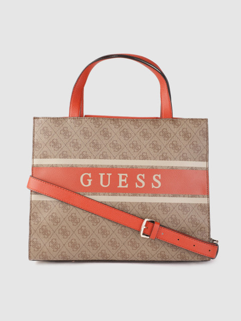 

GUESS Women Beige & Orange Brand Logo Print Structured Handheld Bag
