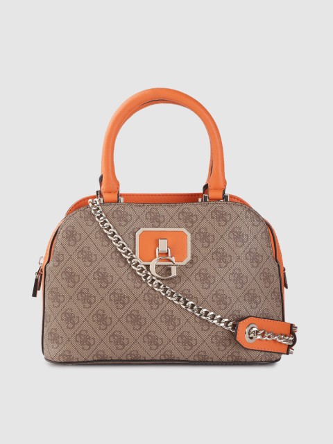

GUESS Brown & Orange Printed Structured Handheld Bag