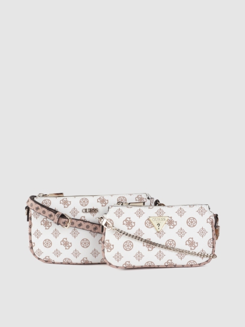 

GUESS Women Set of 2 White & Beige Brand Logo Print Handbags