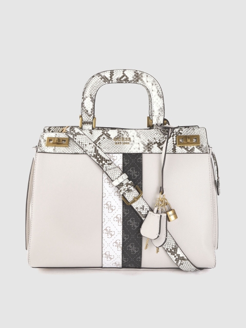 

GUESS Off White Solid Structured Handheld Bag with Snakeskin Textured Detail
