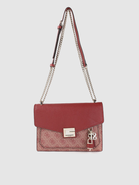 

GUESS Women Maroon & Peach-Coloured Brand Logo Print Structured Shoulder Bag