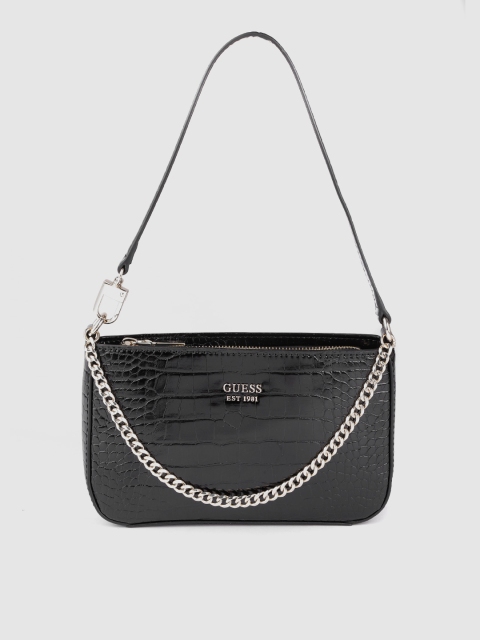 

GUESS Black Croc Textured Baguette Bag