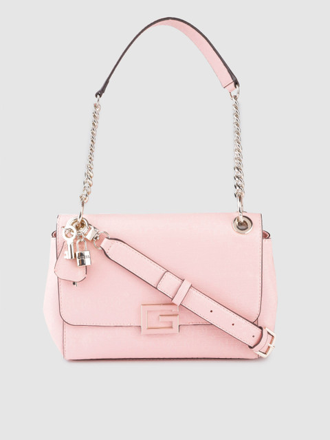 

GUESS Women Peach-Coloured Brand Logo Print Structured Shoulder Bag