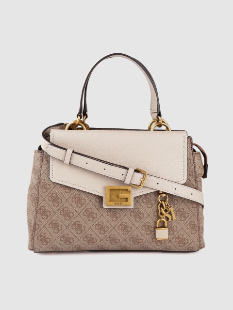 

GUESS Brown & Beige Printed Structured Handheld Bag