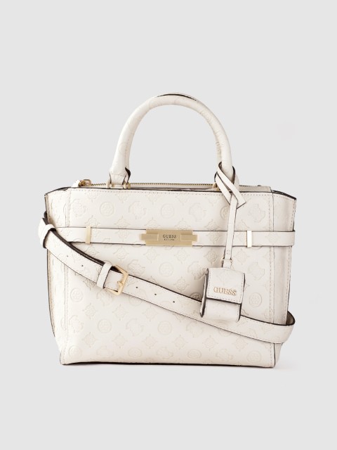 

GUESS Women White Brand Logo Textured Structured Handheld Bag