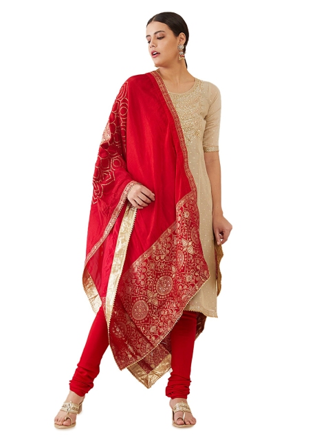 

Soch Beige & Red Embellished Raw Silk Unstitched Dress Material
