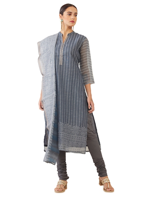 

Soch Grey & White Printed Raw Silk Unstitched Dress Material