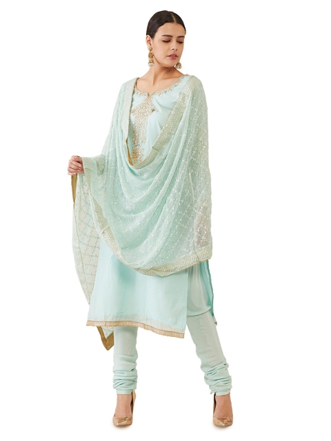 

Soch Sea Green & Gold-Toned Embellished Raw Silk Unstitched Dress Material