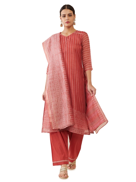 

Soch Red & Off White Printed Raw Silk Unstitched Dress Material