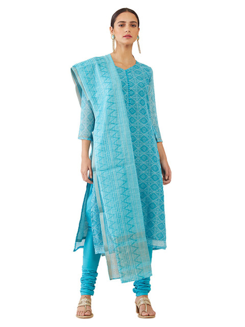 

Soch Blue & Off White Printed Raw Silk Unstitched Dress Material