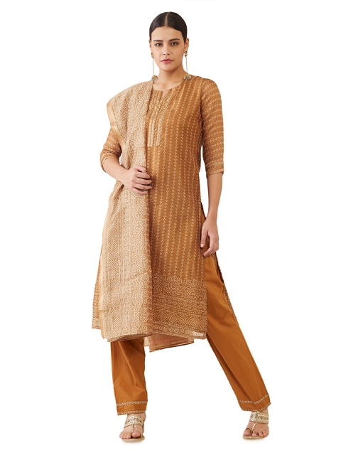 

Soch Brown & Off White Printed Raw Silk Unstitched Dress Material
