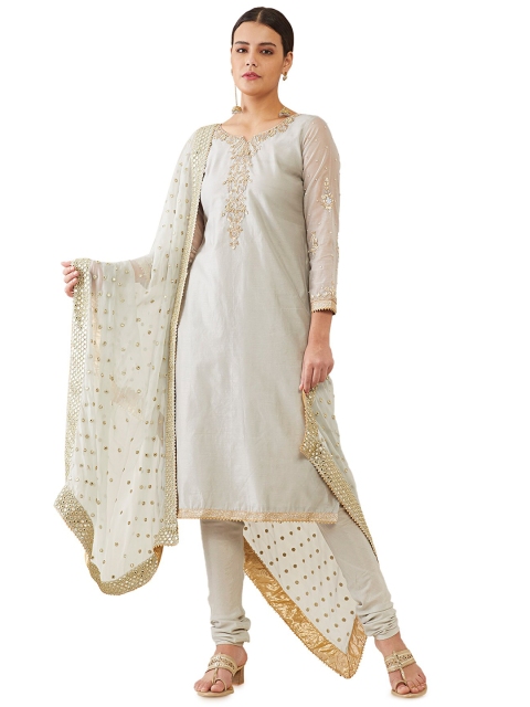 

Soch Grey & Gold-Toned Embroidered Raw Silk Unstitched Dress Material