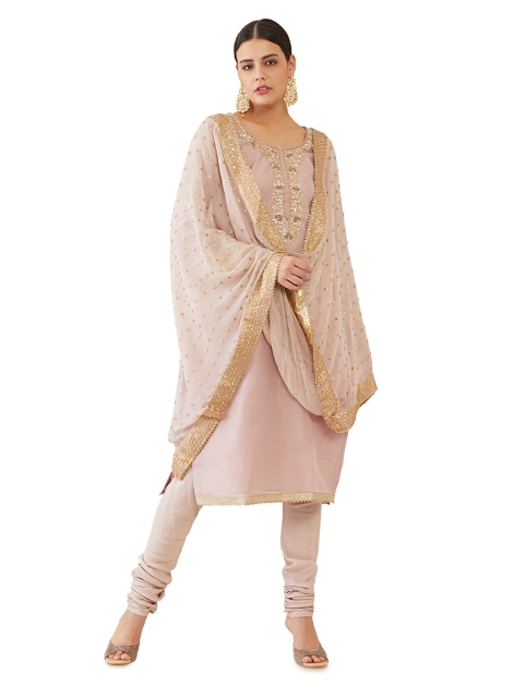 

Soch Pink & Gold-Toned Embroidered Raw Silk Unstitched Dress Material