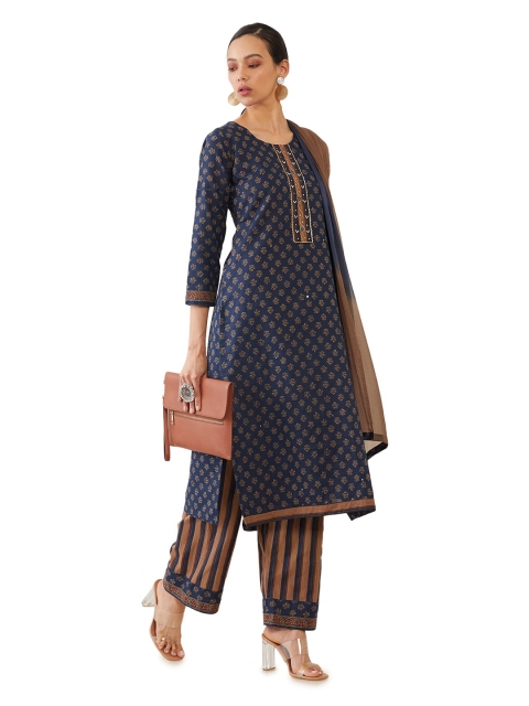 

Soch Navy Blue & Brown Printed Pure Cotton Unstitched Dress Material