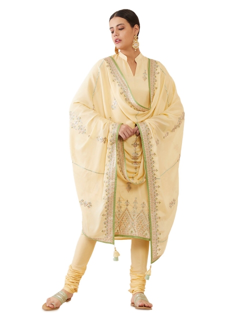 

Soch Cream-Coloured & Green Embellished Art Silk Unstitched Dress Material